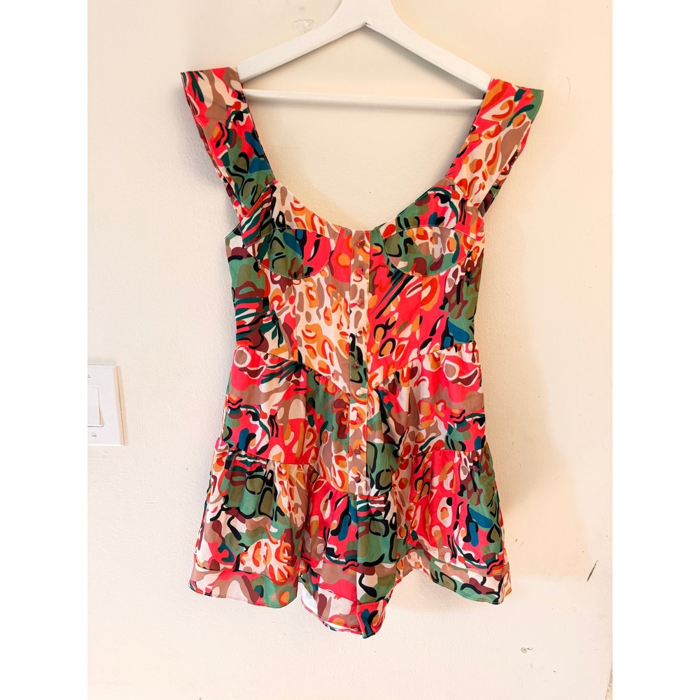 Commense Romper Womens Size Medium Multicolor Abstract Print Tiered Ruffle Boho